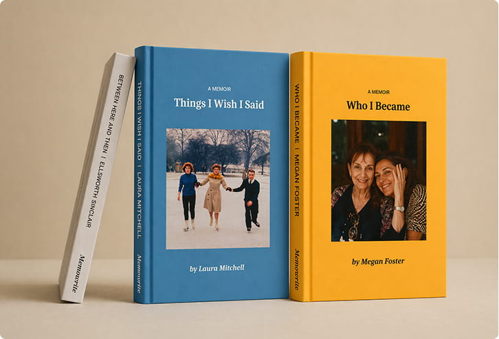 Finished blue and yellow Memowrite hardcover memoirs standing on a table