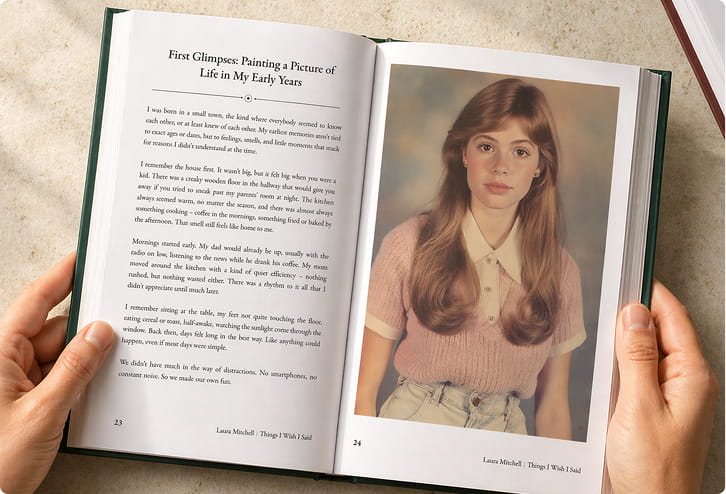Hands holding an open Memowrite memoir with a story and photo spread