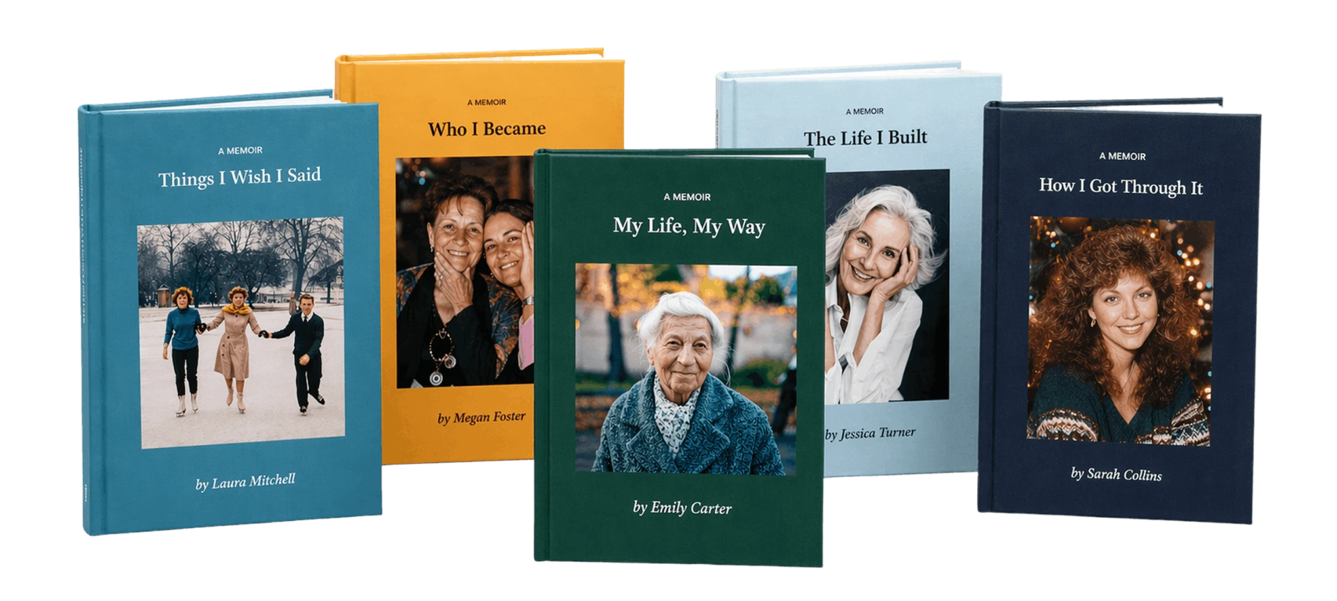 Five Memowrite memoir books: Things I Wish I Said, Who I Became, The Life I Built, My Life, My Way, and How I Got Through It