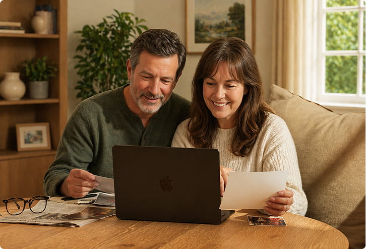 A couple adding stories and old photos on a laptop at home