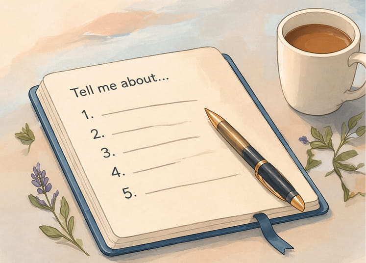 Notebook with a 'Tell me about...' question list and a pen beside a cup of coffee
