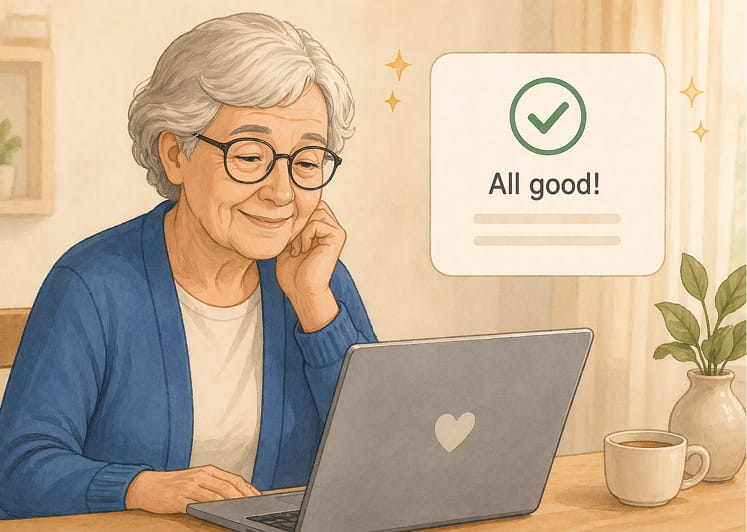 Older woman smiling at her laptop as her story is marked 'All good!'