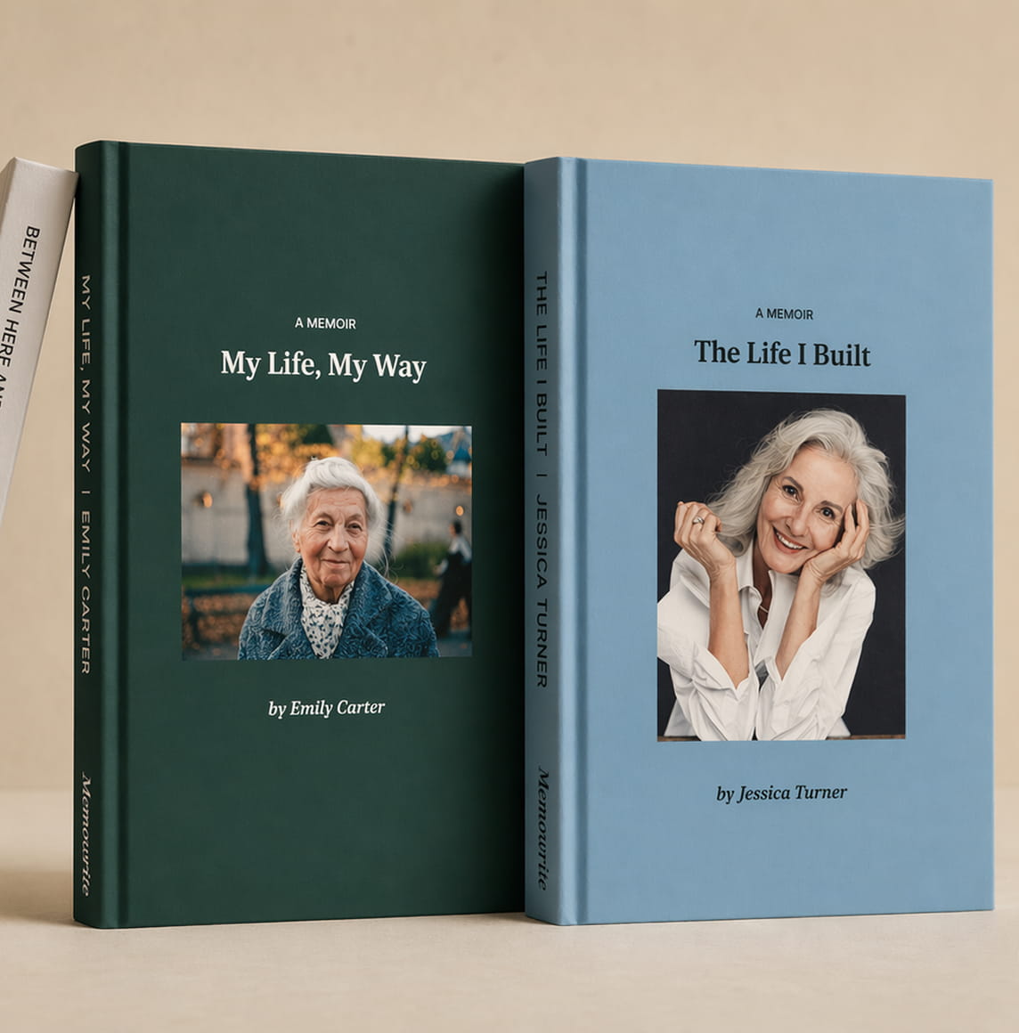 Green and light blue memoir covers standing side by side