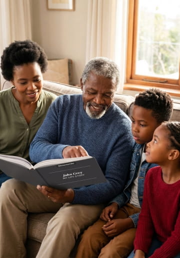 Grandfather reading his Memowrite book with his daughter and grandchildren