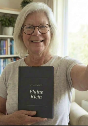 Woman smiling as she holds her navy Memowrite life story book