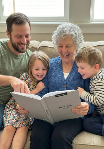 Grandmother reading her Memowrite life story with her son and grandchildren