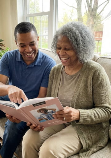 Son and mother looking through her Memowrite life story together