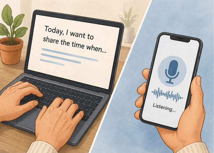Hands typing a story on a laptop next to a phone recording a voice note