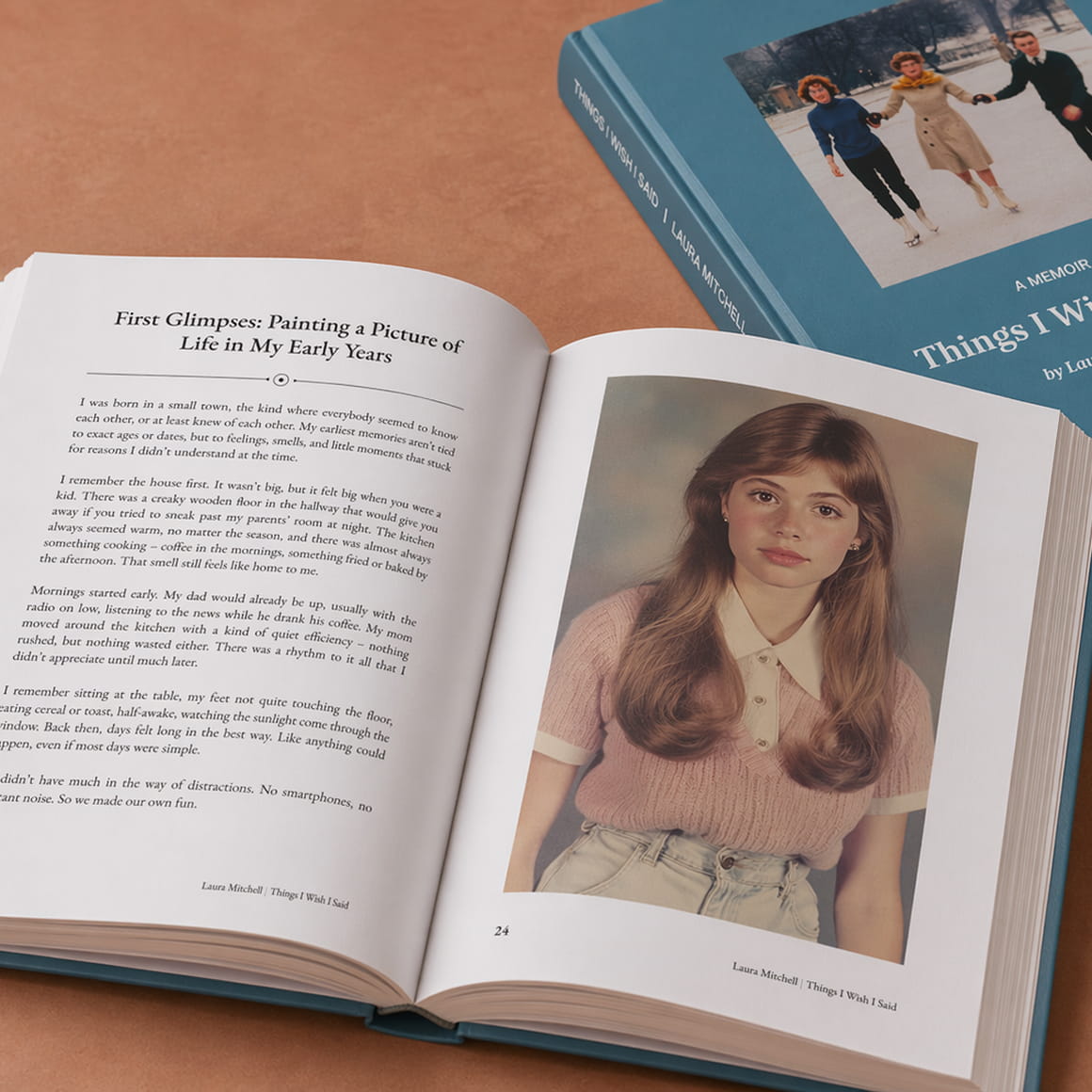 Open memoir page spread next to the blue 'Things I Wish I Said' cover