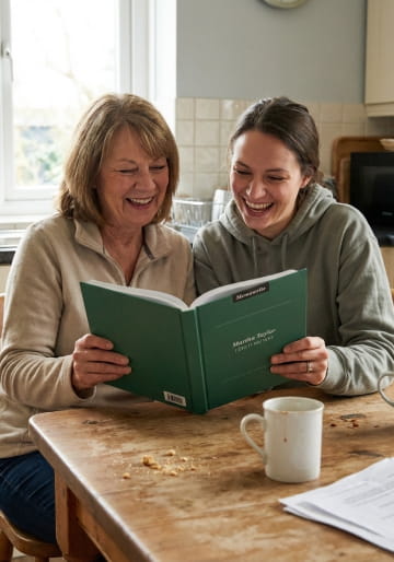 Mother and daughter laughing over an open green Memowrite book
