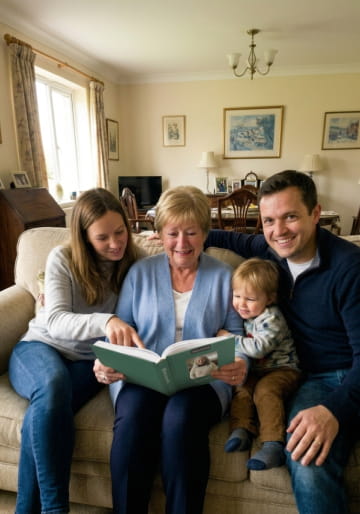 Family of four reading a Memowrite book on the sofa with grandma